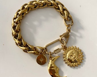 Moon sun bracelet, carabiner screw clock bracelet, chunky gold tone bracelet, large thick chain bracelet, retro old style bulky bracelet
