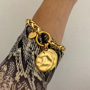 Coin bracelet, removable charm bracelet, chunky gold tone bracelet, , large retro old style bracelet, bracelet for woman