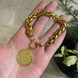 coin charm bracelet, chunky chain bracelet with charm, statement bracelet, big coin bracelet, retro old style bracelet, gold tone bracelet image 3