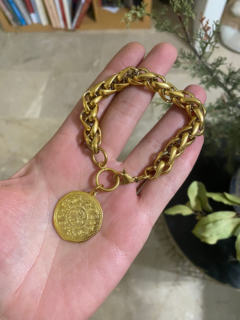 coin charm bracelet, chunky chain bracelet with charm, statement bracelet, big coin bracelet, retro old style bracelet, gold tone bracelet image 3