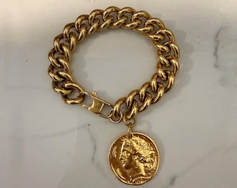 Large coin  bracelet, gold tone jewelry for woman, Greek  charm, statement gift