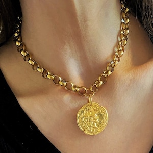 Chunky coin necklace, Gold tone coin necklace, large athina coin necklace, greek gods jewelry, big coin necklace, coin necklace for woman