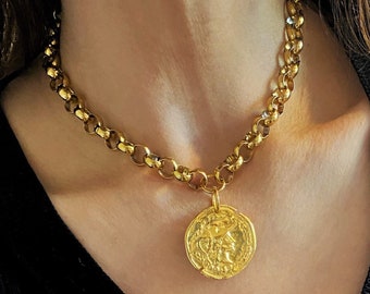 Chunky coin necklace, Gold tone coin necklace, large athina coin necklace, greek gods jewelry, big coin necklace, coin necklace for woman