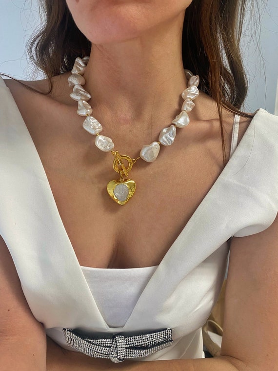 Big Faux Pearl Heart Necklace, Irregular Shell Pearl