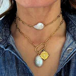 carabiner necklace, pearl pendant choker, screw lock charm necklace, gold tone link chain necklace, modern everyday necklace set