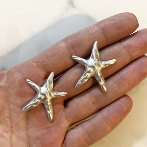 May include: A pair of silver starfish earrings with a textured surface.