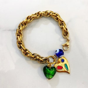Hearts charm bracelet, chunky gold bracelet, gold statement bracelet, large retro style bracelet, Valentine’s Day gift