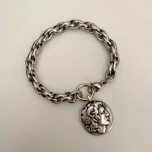 Coin bracelet, silver chunky bracelet, men statement bracelet, big coin bracelet, greek coin bracelet, large coin bracelet for woman