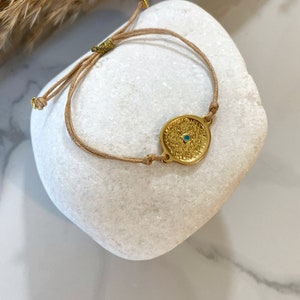 Evil eye bracelet, Friendship cord bracelet, gold charm adjustable bracelet, Cord bracelet, Mothers Day gift, Easter gift for her image 2