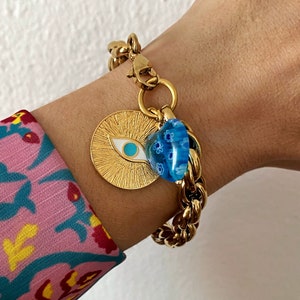 Evil eye charm bracelet, chunky gold bracelet, gold statement bracelet, big coin bracelet, large retro style bracelet, y2k jewelry