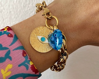 Evil eye charm bracelet, chunky gold bracelet, gold statement bracelet, big coin bracelet, large retro style bracelet, y2k jewelry