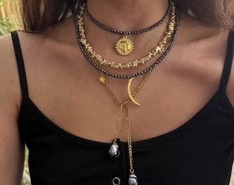 Sun moon necklace, layering mix necklaces , summer boho jewellery