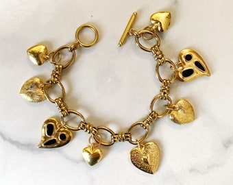 Heart charms bracelet, gold heart bracelet, gold chunky bracelet, big gold bracelet, retro style bracelet, aesthetic jewelry