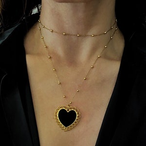Black heart necklace, long chain necklace with heart pendant, large heart necklace, women’s layering jewelry, big chunky heart necklace