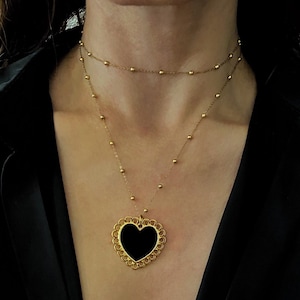 Black heart necklace, long chain necklace with heart pendant, large heart necklace, women’s layering jewelry, big chunky heart necklace