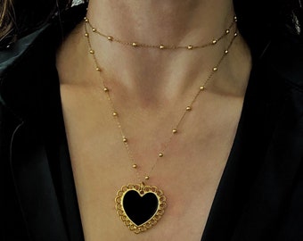 Black heart necklace, long chain necklace with heart pendant, large heart necklace, women’s layering jewelry, big chunky heart necklace
