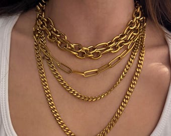 gold tone long chain necklace , Layered multi strand  chains necklace,  convertible necklace, mix chain necklace,
