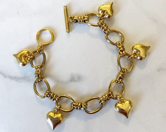 Heart charms bracelet, gold heart bracelet, gold chunky bracelet, big gold bracelet, retro aesthetic jewelry, y2k jewelry, everyday jewelry