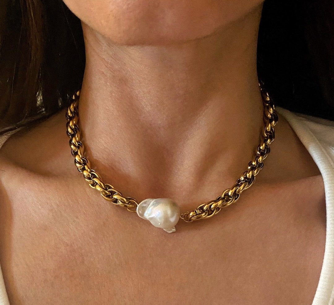 Baroque Pearl Pendant Necklace, Baroque Pearl Choker, Chunky Gold