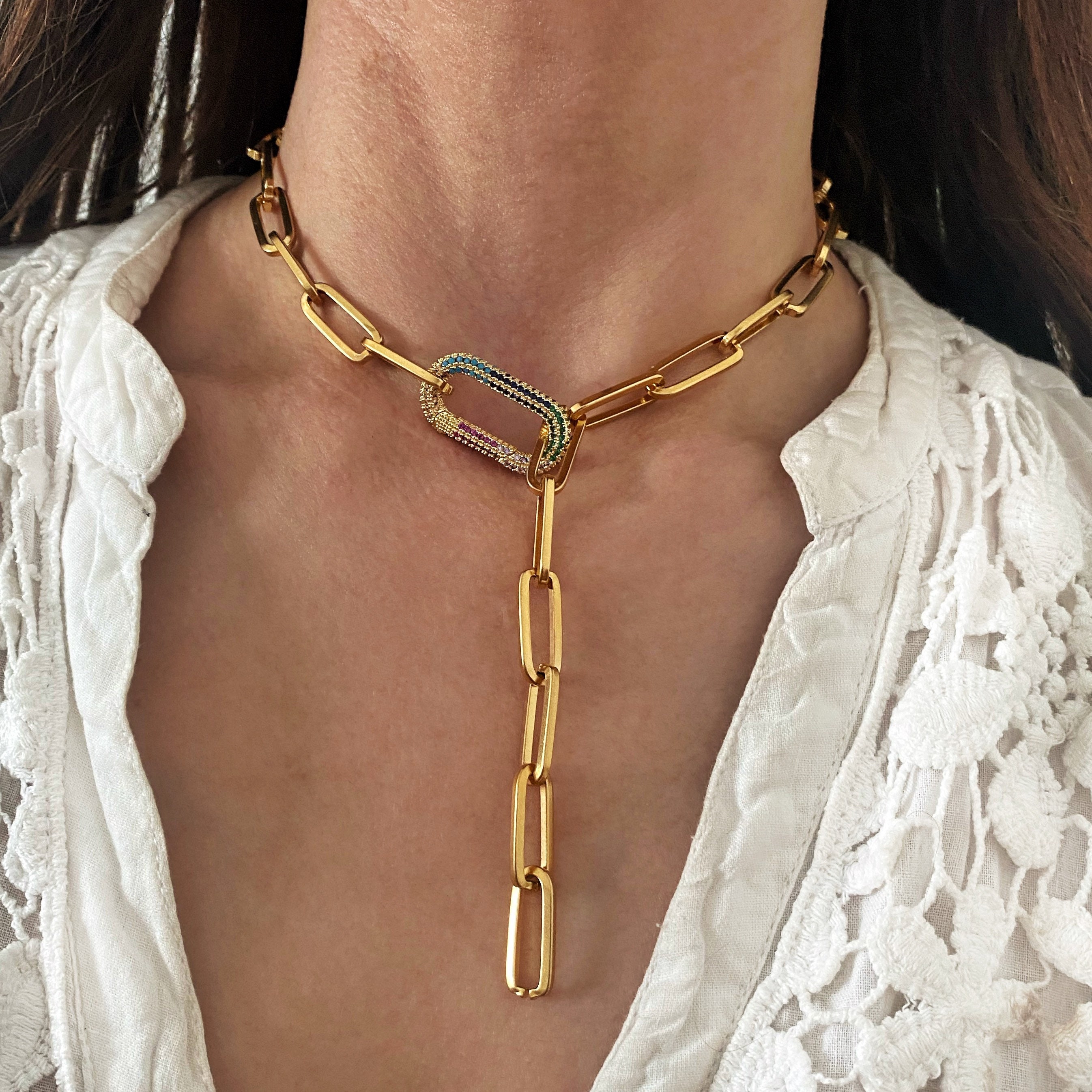 Paper Clip Chain Diamond Carabiner Necklace | Mure + Grand Gold