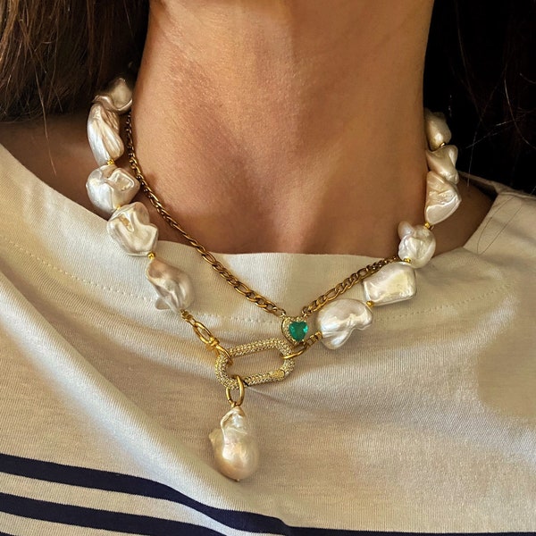 Irregular shell beads necklace with baroque pendant, zircon round locker necklace, chunky pearl shell necklace, large shell necklace
