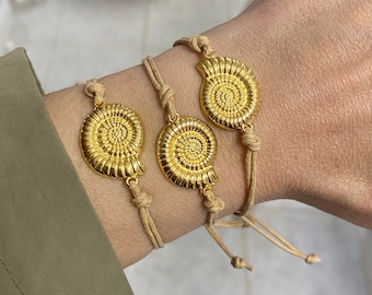 Shell cord bracelet, Friendship cotton bracelet, gold charm adjustable bracelet, Cord bracelet, bestie gift, summer jewelry