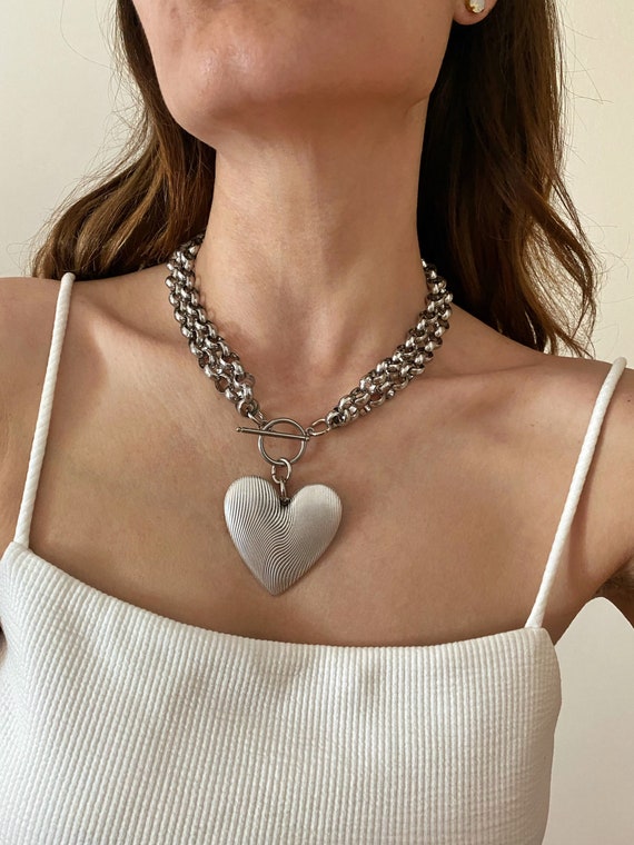 Chunky Heart Necklace, Silver Tone Oversized Large Heart Necklace, Double Steel Chain Necklace, Toggle Choker, Giant Heart Necklace, - Etsy Chunky Heart Necklace, Silver Tone Oversized Large Heart Necklace, Double Steel Chain Necklace, Toggle Choker, Giant Heart Necklace, - Etsy