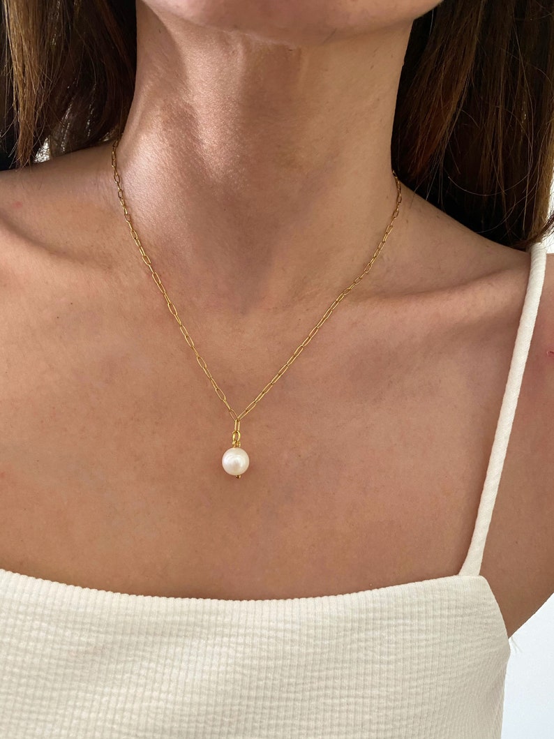 Pearl charm necklace, elegant chain with fresh pearl pendant, necklace for woman, bridal necklace, chain necklace, minimal necklace image 5