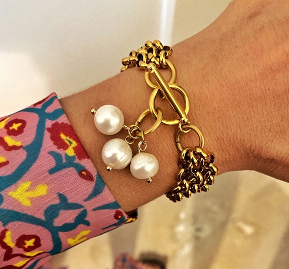 Pearl Charm Bracelet, Big Gold Bracelet, Toggle Bracelet With Real