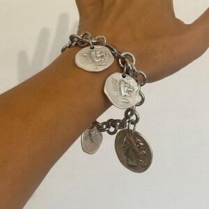 Coin bracelet, multi charm bracelet, silver  tone chunky bracelet, large coin bracelet for women, unique gift for her, new fashion trends