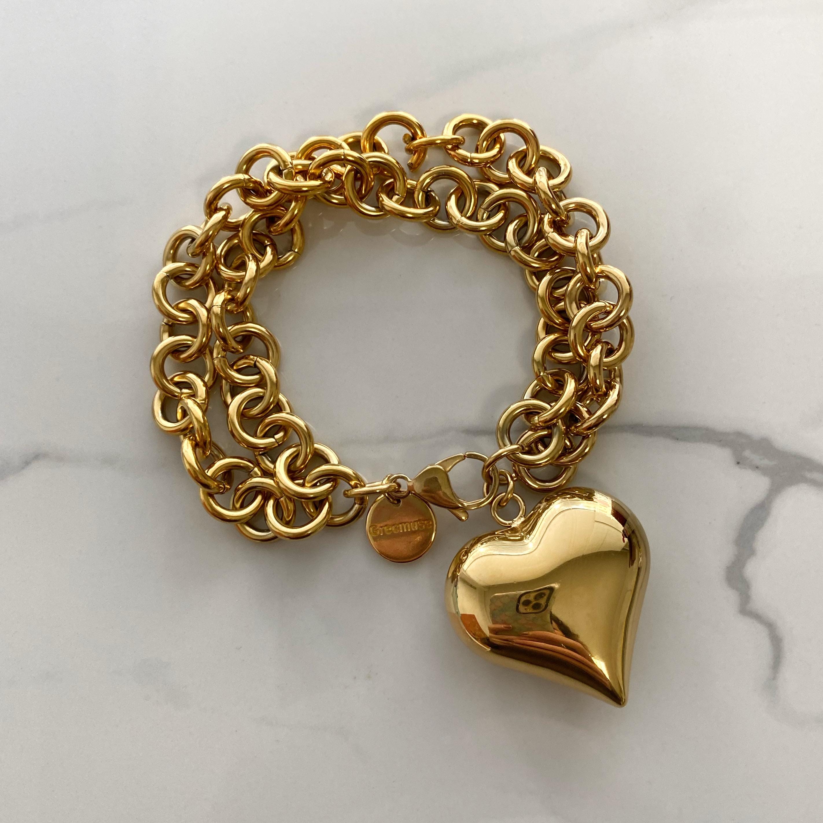 Heart Bracelet for Woman, Large Puffy Heart Bracelet, Silver
