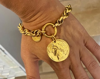 Gold tone Coin Charm Bracelet: Chunky Steel Chain, Removable Clasp