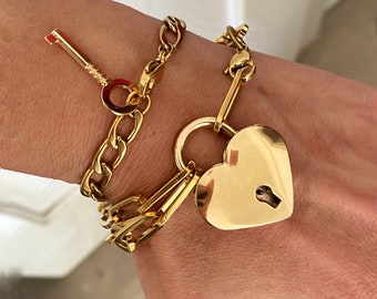 Padlock bracelet, gold heart bracelet, real padlock lock with key bracelet, chunky link chain bracelet, big gold bracelet