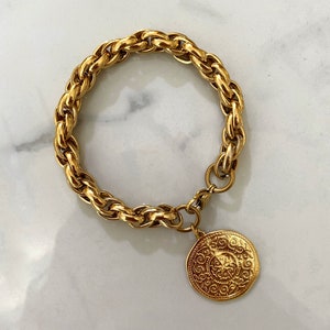 Coin bracelet, chunky gold tone bracelet, statement bracelet, big coin bracelet, large retro old style bracelet, chunky jewelry