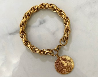 Coin bracelet, chunky gold tone bracelet, statement bracelet, big coin bracelet, large retro old style bracelet, chunky jewelry