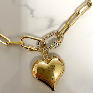 Puffy heart necklace, carabiner rainbow lock necklace, paperclip chain necklace, gold heart necklace. Chunky jewelry for woman