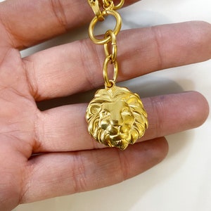 gold lion necklace, lion necklace woman, chunky lion pendant necklace, lion charm necklace, large steel chain with large lion, image 4