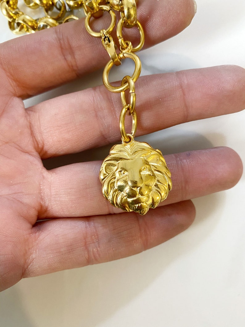 gold lion necklace, lion necklace woman, chunky lion pendant necklace, lion charm necklace, large steel chain with large lion, image 4