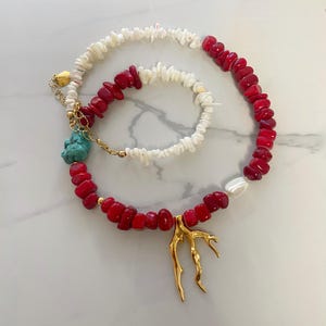 red  turquoise and white  necklace, long summer necklace, chunky raw stone beaded necklace, bohemian coral pendant necklace