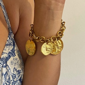 Coin bracelet, multi charm bracelet, gold tone chunky bracelet, large  coin bracelet for women, unique gift for her, new fashion trends