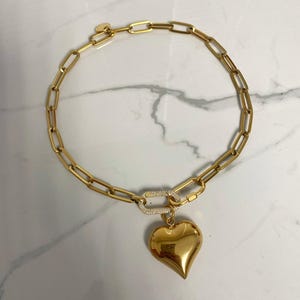 Puffy heart necklace, carabiner zircons  lock necklace, paperclip chain necklace, gold heart necklace. Chunky jewelry for woman