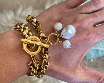Perlen Bettelarmband, Vintage-Stil klobiges Armband, großes frisches Perlenarmband, gewebtes Stahlkettenarmband, großes Gold Knebelarmband