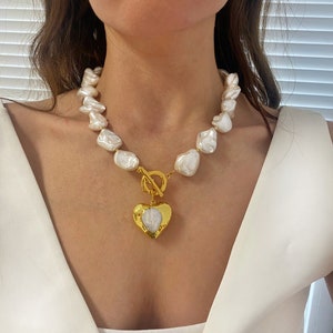 JNF Chunky Faux Pearl Necklace & Earrings Set - 1920s Style Statement Choker, 17" With Extender, Costume Jewelry