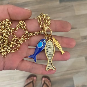 Fish charm  necklace, gold tone chunky  necklace, necklace for woman, summer jewelry, super long multi charm necklace