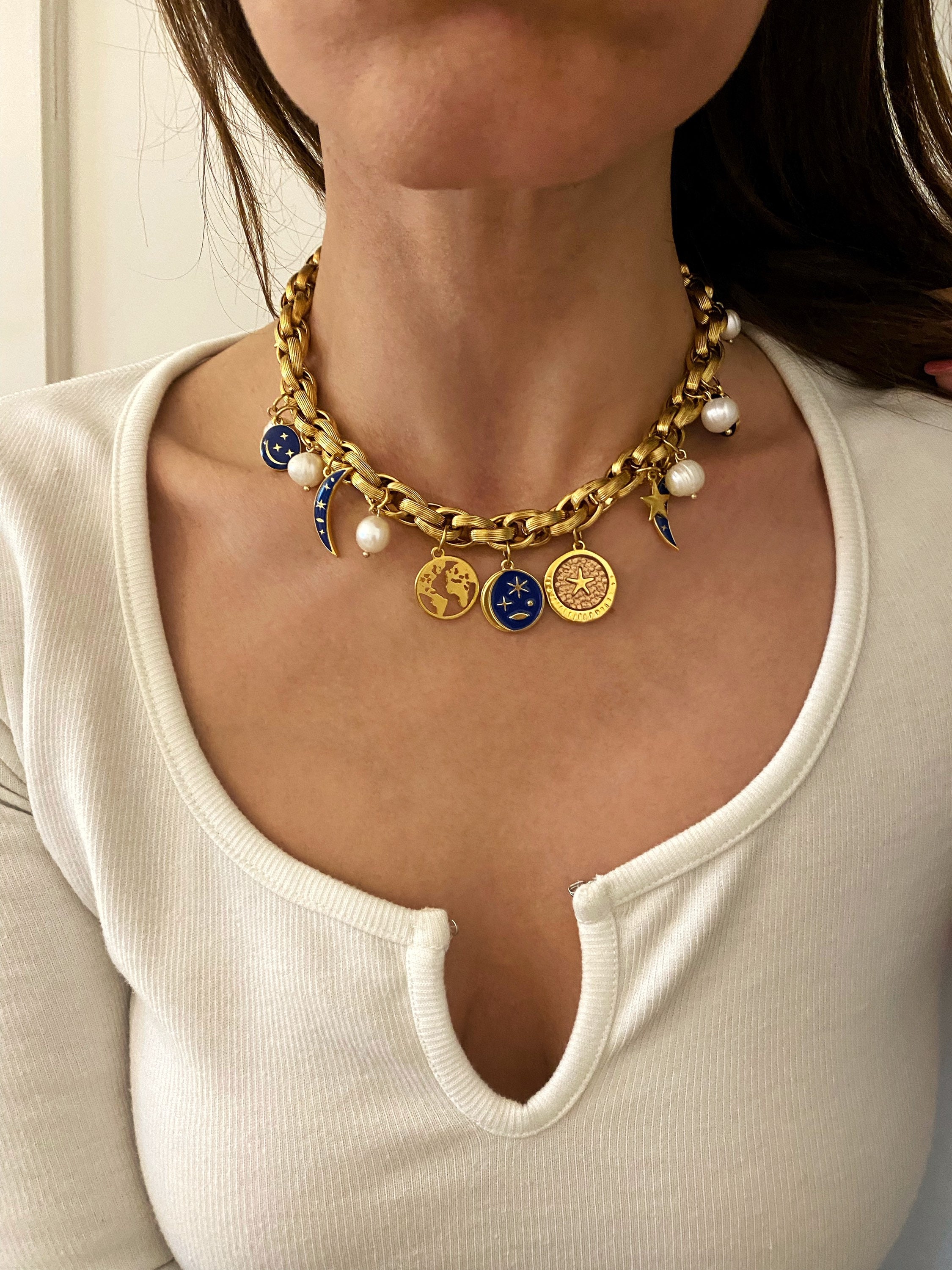 Gold Tone Charm Necklace, Moon Sun Necklace, Multi Charms Gold Tone Charm Necklace, Moon Sun Necklace, Multi Charms