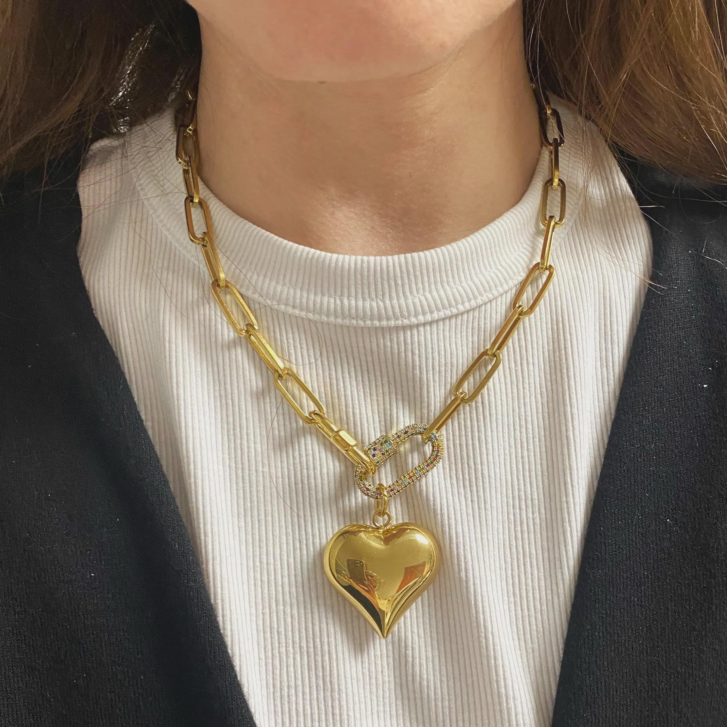 Puffy Heart Carabiner Necklace: Zircon Clasp, Steel Paperclip