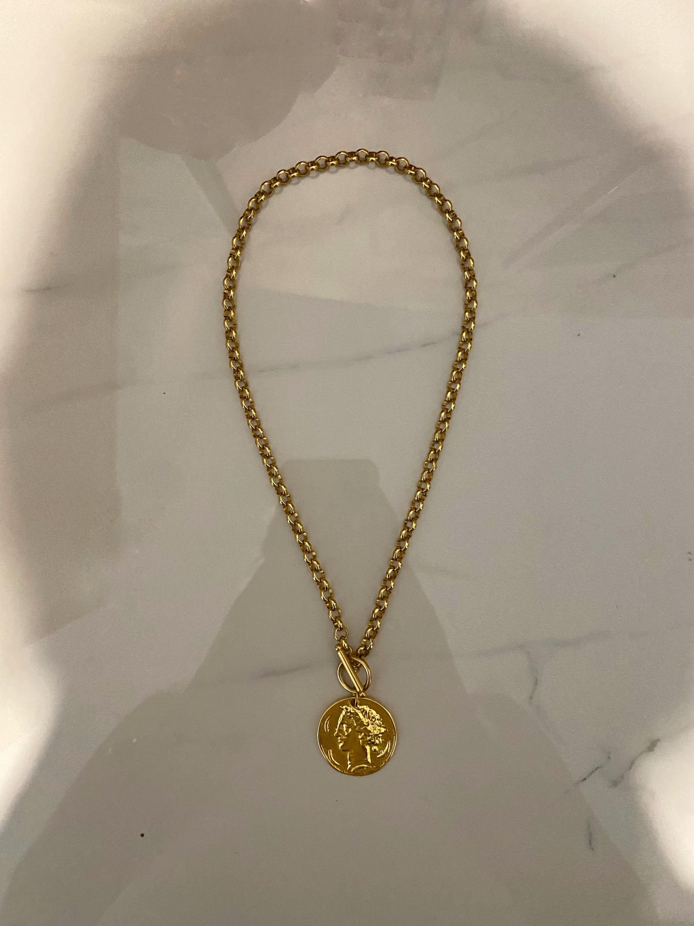 Gold Tone Coin Necklace: Chunky Steel Chain, 24k Gold Plated