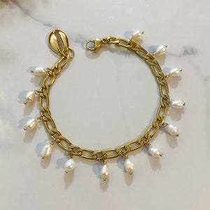 Pearl charm anklet, Gold chain anklet, charms anklet for woman, boho bridal anklet, figaro chain anklet with pearls, bracelet for the ankle image 3