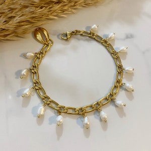 Pearl charm anklet, Gold chain anklet, charms anklet for woman, boho bridal anklet, figaro chain anklet with pearls, bracelet for the ankle image 1