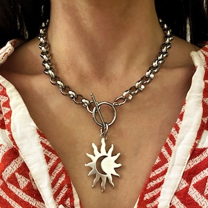 Sun moon pendant necklace, big sun necklace, chunky silver tone necklace, vintage style rolo chain necklace, steel large necklace